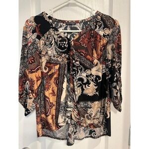 Boho Women's Ava & Grace Top Size Small Paisley Mixed Print Tie Front 3/4 Sleeve